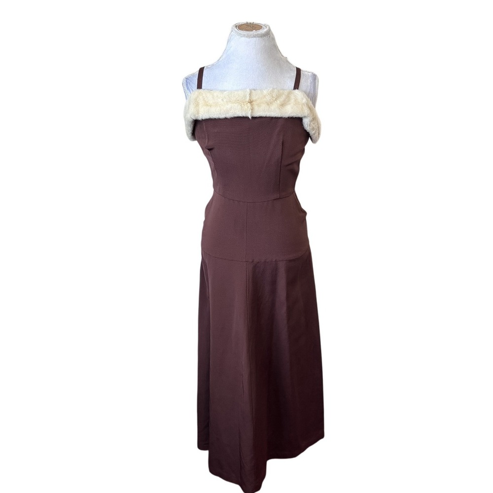 Vintage Fur Trim Evening Gown Maxi Dress Small Earthy Brown Glam Gala Goblincore